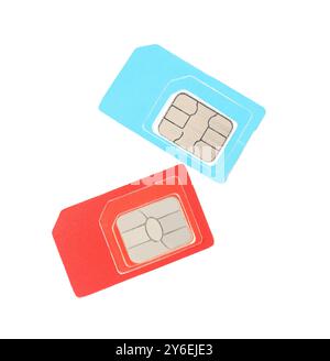 Two SIM cards isolated on white, top view Stock Photo