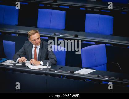 Berlin, Deutschland. 25th Sep, 2024. Christian Lindner, Federal Minister of Finance, sits in the plenary session of the Bundestag in Berlin, September 25, 2024. Credit: dpa/Alamy Live News Stock Photo