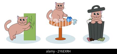 Set of problem with cat behavior. Kitten scratches, pushes cup off the table, digs in the garbage. Cute hand drawn flat illustration. Stock Vector