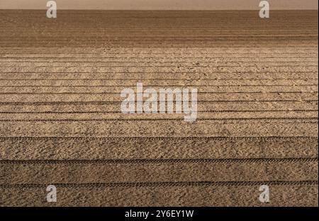 Close-up of patterned sand with parallel lines and textures created by tire tracks. Stock Photo