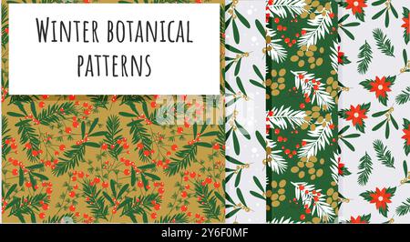 Seamless winter plants pattern set. Handdrawn vector design. Stock Vector