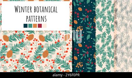 Seamless winter plants pattern set. Handdrawn elegant vector design. Stock Vector