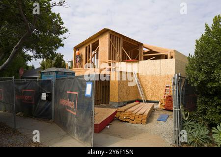 New homes under construction with scaffolding and plywood walls. Workers on-site, building in progress, surrounded by trees and construction equipment Stock Photo