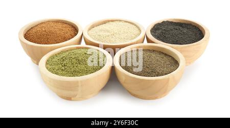 Different superfood powders in bowls isolated on white Stock Photo