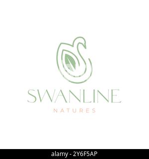 swan goose bird swimming leaves minimalist line style simple feminine logo design vector icon illustration Stock Vector