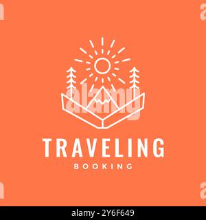 book reading nature history mountain sun tree forest adventure line style minimalist logo design vector icon illustration' Stock Vector