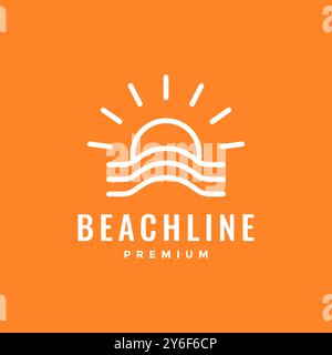 beach water sunset sunburst simple clean minimalist style line logo design vector icon illustration Stock Vector