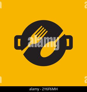 pan cooking fork spoon simple modern taste logo design vector icon illustration Stock Vector