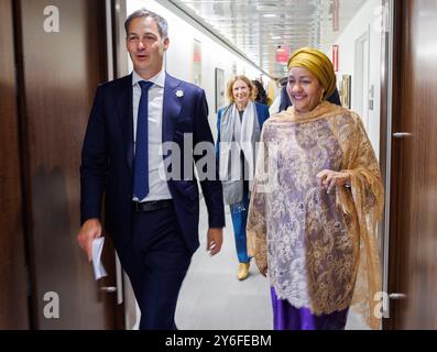 New York, USA. 25th Sep, 2024. Outgoing Prime Minister Alexander De Croo and UN deputy secretary-general Amina Mohammed pictured after a meeting in the marge of the 79th session of the United Nations General Assembly (UNGA79), in New York City, United States of America, Wednesday 25 September 2024. BELGA PHOTO BENOIT DOPPAGNE Credit: Belga News Agency/Alamy Live News Stock Photo