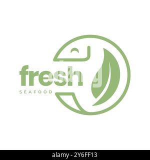 fresh fish seafood fishing cuisine kitchen restaurant geometric line style circle leaves logo design vector icon illustration Stock Vector