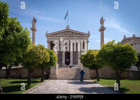 The Academy of Athens, a neoclassical building, is the highest research institution of Greece. Stock Photo