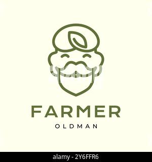 old man face portrait farmer bearded mustache smile mascot cartoon character line style simple logo design vector icon illustration Stock Vector