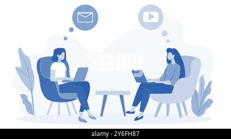 Two women working on laptops, each sitting in a chair with communication icons above their heads. Blue color scheme on a light background. Concept of Stock Vector