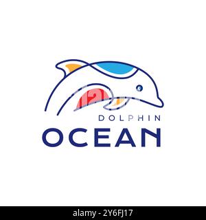 dolphin ocean jump line style colorful abstract modern minimal logo design vector illustration Stock Vector