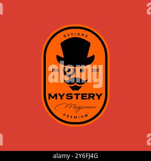 old man face beard mustache magician hat mascot cartoon character vintage badge colorful logo design vector illustration Stock Vector
