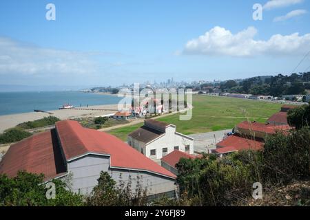 The San Francisco Bay viewed from the Golden Gate Bridge and across Crissy Fields Stock Photo