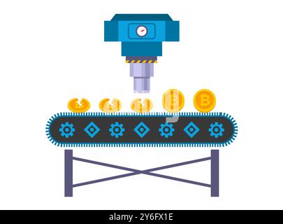 bitcoin factory with tape. gold electronic coins. Stock Vector