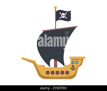 pirate ship with black flag and skull. sea robbers. Stock Vector