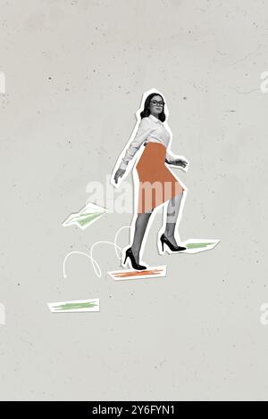 Trend artwork sketch image composite photo collage of arrow show direction silhouette young business lady walk step paper plane fly work Stock Photo