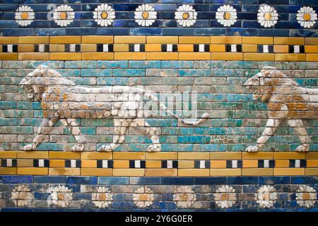 Berlin, Germany, July 24 2009, Admire the detailed ceramic lions from the Ishtar Gate, showcasing ancient Babylonian artistry in Berlin's Pergamon Mu Stock Photo