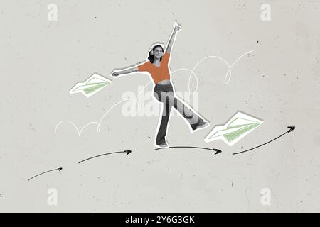 Trend sketch image composite photo collage of arrow show direction silhouette young lady walk step paper plane fly listen music headphones Stock Photo