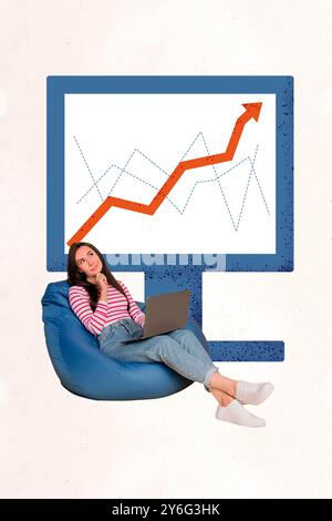 Vertical creative composite photo collage of smart woman sit with laptop think about profitable business isolated painted background Stock Photo