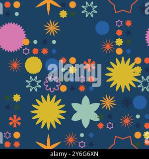 A Colorful Abstract Seamless Pattern Featuring Various Shapes Set Against a Dark Background Stock Vector