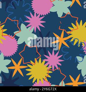 A Colorful Abstract Seamless Pattern Featuring Various Shapes Set Against a Dark Background Stock Vector