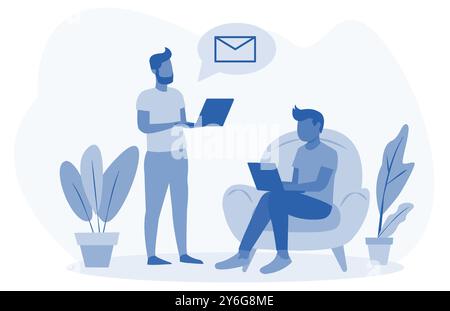 Two individuals are depicted working on laptops in an office setting. One is standing while the other is sitting in a chair. Plants and a message icon Stock Vector