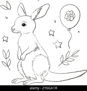 Cute sketch of baby kangaroo cartoon character coloring page vector illustration. Wild animal, mothers day colouring page for kids Stock Vector