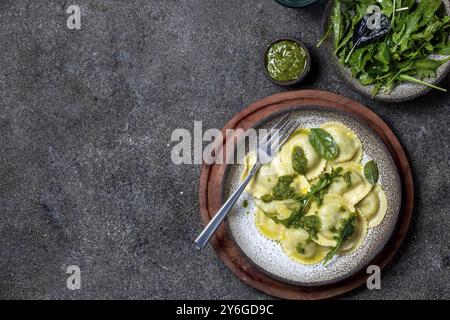 Food, Food, Italian spinach ricotta ravioli, Top view, black background, copy space, Vegetarian food, vegan ravioli Stock Photo