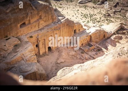 View on the Renaissance Tomb in Petra Jordan, on the High Place of Sacrifice Trail. View from above, valley deep down below. Travel and Tourism in Jor Stock Photo