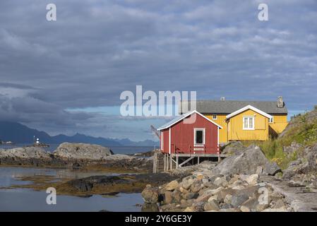 Traditional fishermen's houses, called rorbuer, on the rocky coast of the Vestfjord, Sorvagen, Lofoten, Norway, Europe Stock Photo