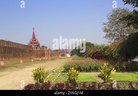 Wall of the Royal Palace and Mandalay Hill in Myanmar (Burma) Stock Photo