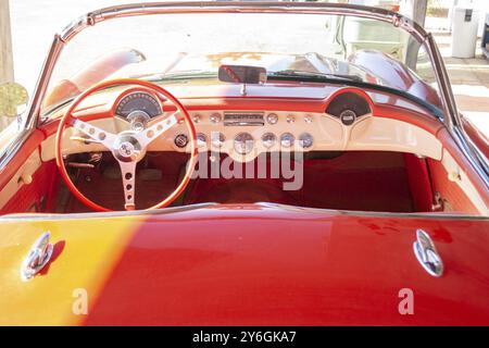 Hackberry, United States, November 2013: Interior of Chevrolet Corvette C1 50's edition, convertible, steering wheel and seats, fully restored, North Stock Photo