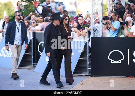 Monica Bellucci, Tim Burton arrives at Maria Cristina Hotel during 72nd San Sebastian International Film Festival on September 25, 2024 in Donostia / San Sebastian, Spain. Stock Photo