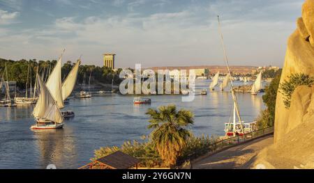 Beautiful panorama landscape with felucca boats on Nile river in Aswan ...