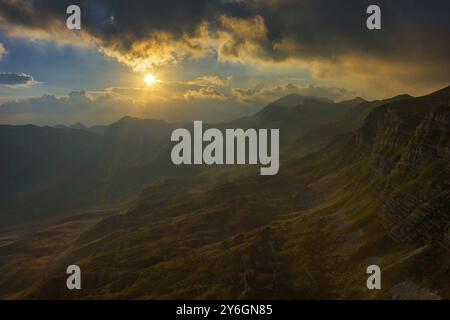 Spectacular sunset on the mountain valley. Beautiful view in Durmitor National Park, Montenegro, Europe Stock Photo
