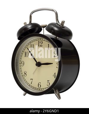 Black retro alarm clock isolated on white Stock Photo