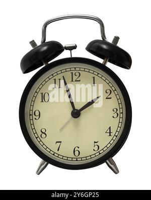 Black retro alarm clock isolated on white Stock Photo