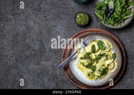 Food, Food, Italian spinach ricotta ravioli, Top view, black background, copy space, Vegetarian food, vegan ravioli Stock Photo