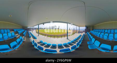 360 degree panoramic view of An immersive 360-degree equirectangular panoramic photograph of the Kiama Showground sports field from the seating pavilion in Kiama.