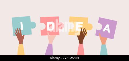 Hands of people of different nationalities holding up colorful puzzle pieces with word idea on them. Flat vector illustration Stock Vector