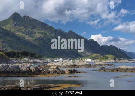 Landscape with rocky coast at the Vestfjord, Sorvagen, Lofoten, Norway, Europe Stock Photo