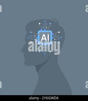 Side view male silhouette with artificial intelligence in the form of a processor circuit in his head. Flat vector illustration Stock Vector