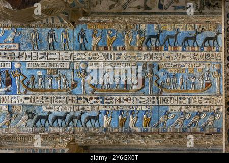 Hieroglyphic carvings and paintings on the interior walls of an ancient egyptian temple Stock Photo