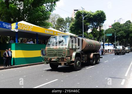 Salvador, Bahia, Brazil - September 07, 2024: An army tank truck is seen during a parade on Brazilian Independence Day in the city of Salvador, Bahia. Stock Photo