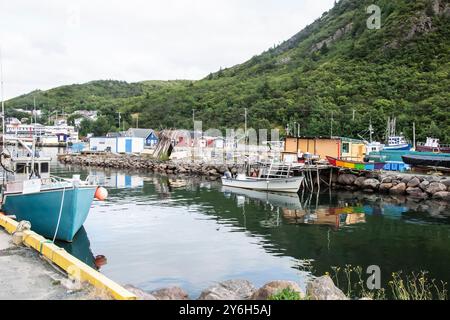 Fishing boats tied up at the dock in Petty Harbour-Maddox Cove, Newfoundland & Labrador, Canada Stock Photo