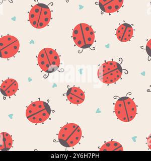 Seamless vector pattern with cute red ladybugs tossed on cream white background, kids textile. Vector illustration Stock Vector