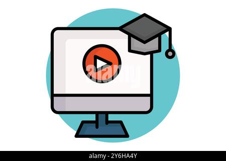 Online course colored outline icon. monitor with graduation cap and play sign. icon related to online course. education elements vector illustration Stock Vector